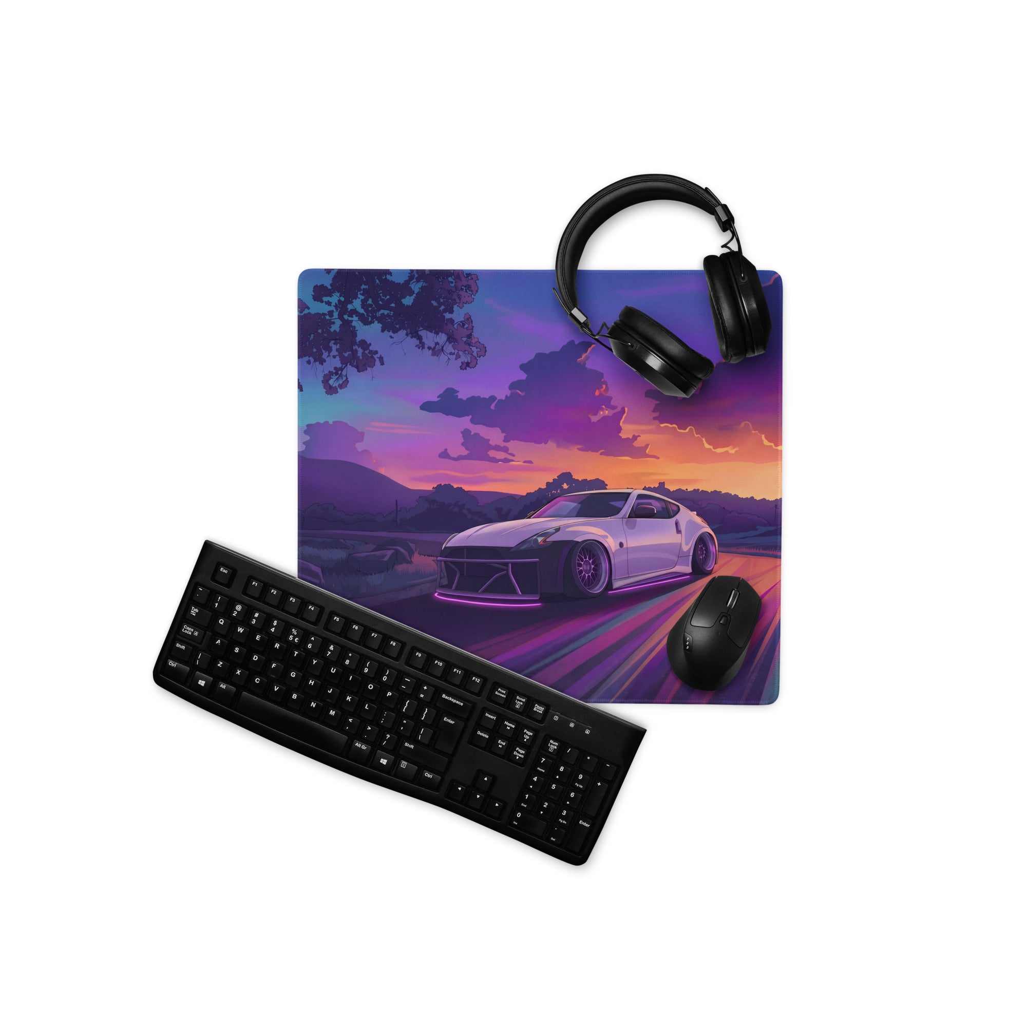 Nissan 370Z Z34 Inspired White Purple Vaporwave Gaming Mouse Pad, Neon Sunset JDM Desk Mat with Retro Futuristic Mountain Road Sports Car Art