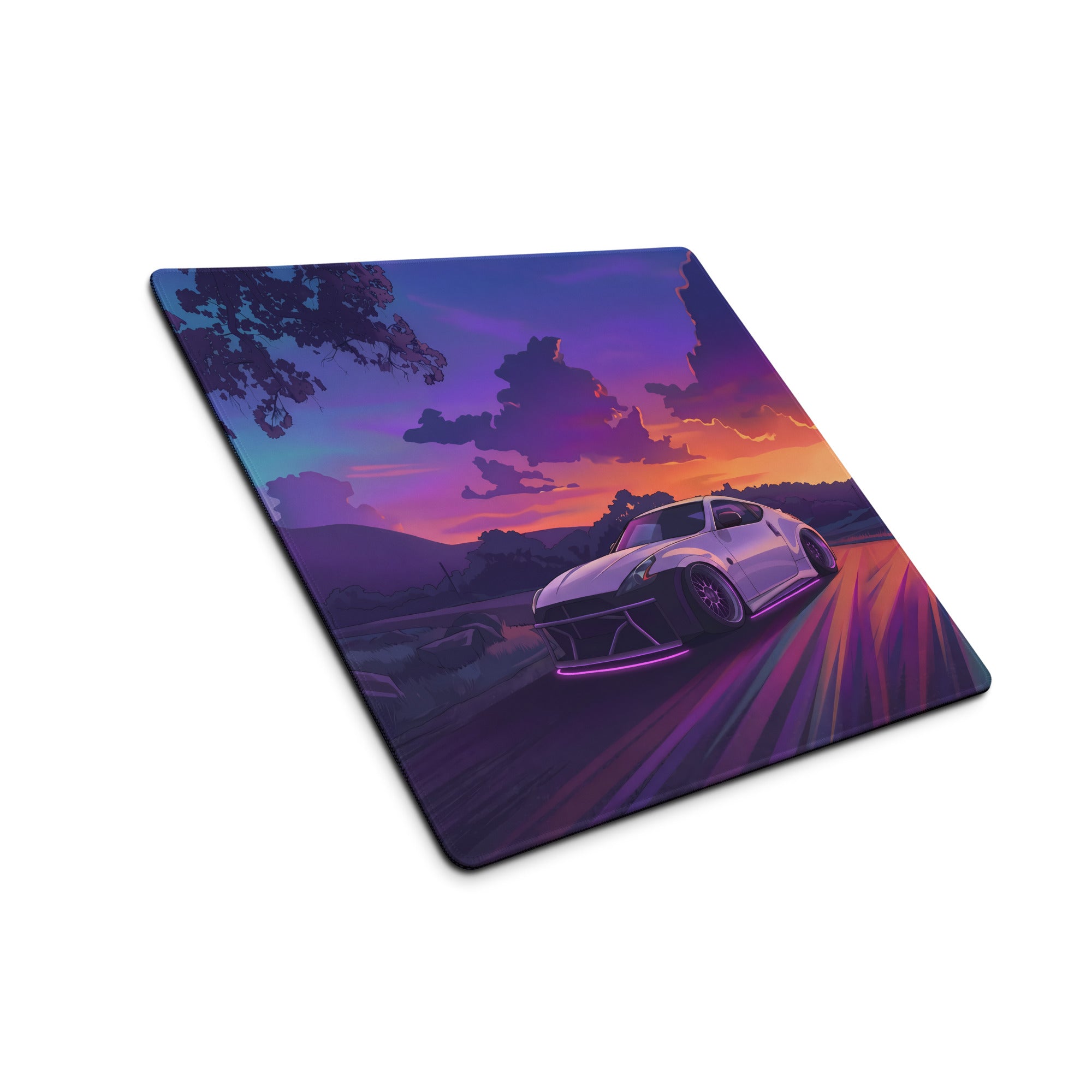 Nissan 370Z Z34 Inspired White Purple Vaporwave Gaming Mouse Pad, Neon Sunset JDM Desk Mat with Retro Futuristic Mountain Road Sports Car Art