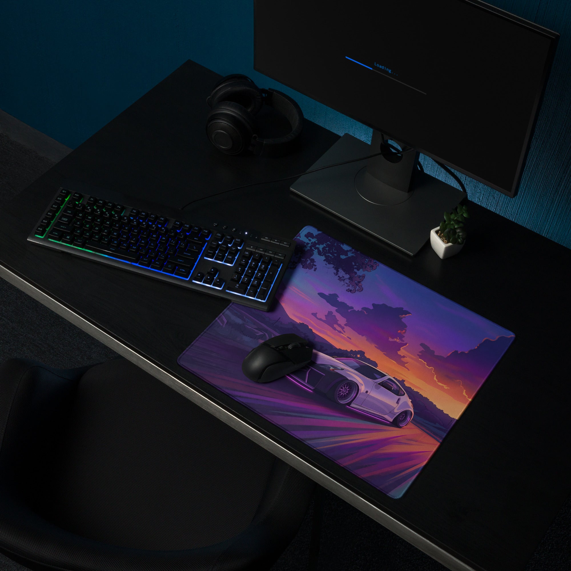 Nissan 370Z Z34 Inspired White Purple Vaporwave Gaming Mouse Pad, Neon Sunset JDM Desk Mat with Retro Futuristic Mountain Road Sports Car Art