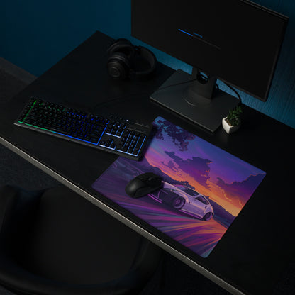 Nissan 370Z Z34 Inspired White Purple Vaporwave Gaming Mouse Pad, Neon Sunset JDM Desk Mat with Retro Futuristic Mountain Road Sports Car Art