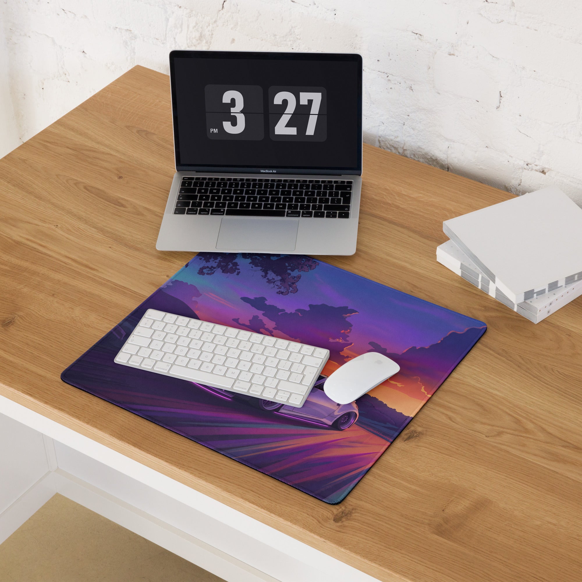 Nissan 370Z Z34 Inspired White Purple Vaporwave Gaming Mouse Pad, Neon Sunset JDM Desk Mat with Retro Futuristic Mountain Road Sports Car Art