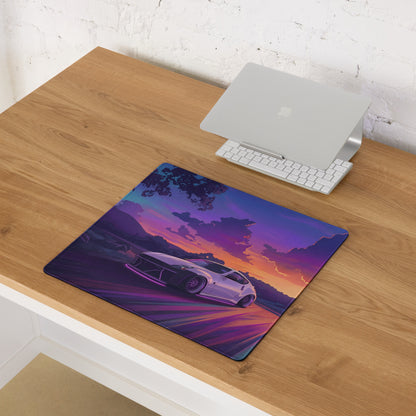 Nissan 370Z Z34 Inspired White Purple Vaporwave Gaming Mouse Pad, Neon Sunset JDM Desk Mat with Retro Futuristic Mountain Road Sports Car Art