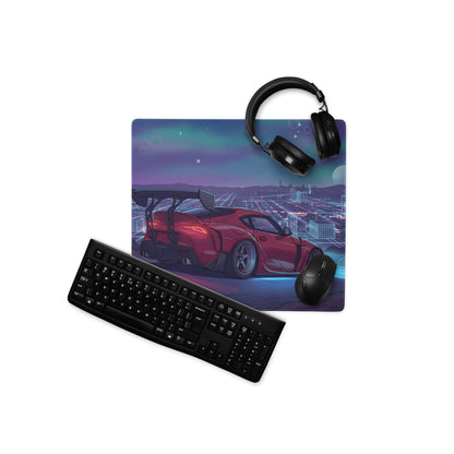 Toyota GR Supra A90 Inspired Red Purple Vaporwave Gaming Mouse Pad, Neon Cyberpunk Skyline JDM Desk Mat with Retro Futuristic Sports Car Art