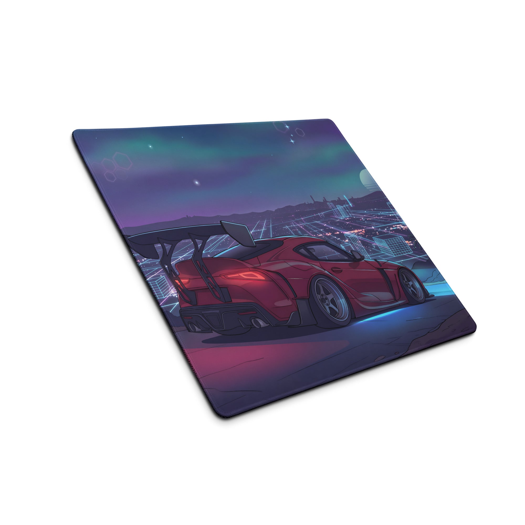 Toyota GR Supra A90 Inspired Red Purple Vaporwave Gaming Mouse Pad, Neon Cyberpunk Skyline JDM Desk Mat with Retro Futuristic Sports Car Art