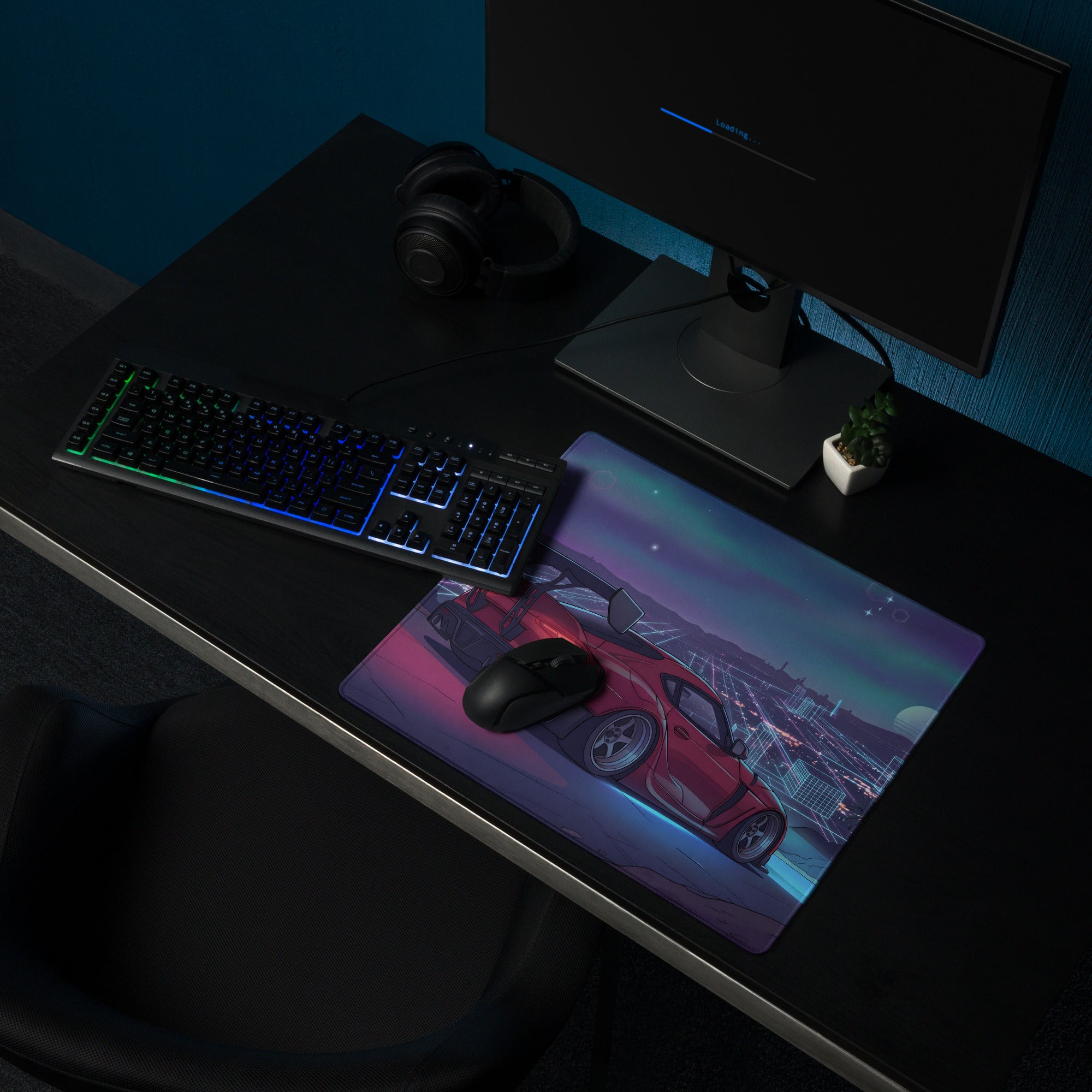 Toyota GR Supra A90 Inspired Red Purple Vaporwave Gaming Mouse Pad, Neon Cyberpunk Skyline JDM Desk Mat with Retro Futuristic Sports Car Art