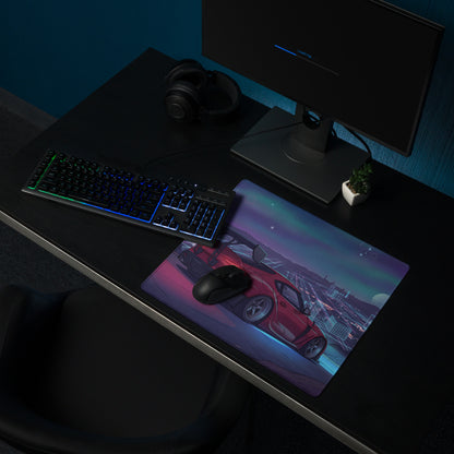 Toyota GR Supra A90 Inspired Red Purple Vaporwave Gaming Mouse Pad, Neon Cyberpunk Skyline JDM Desk Mat with Retro Futuristic Sports Car Art