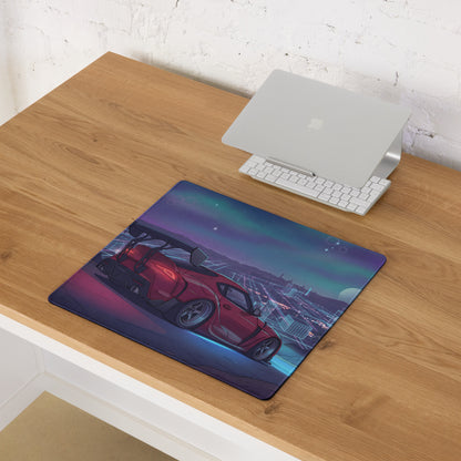Toyota GR Supra A90 Inspired Red Purple Vaporwave Gaming Mouse Pad, Neon Cyberpunk Skyline JDM Desk Mat with Retro Futuristic Sports Car Art