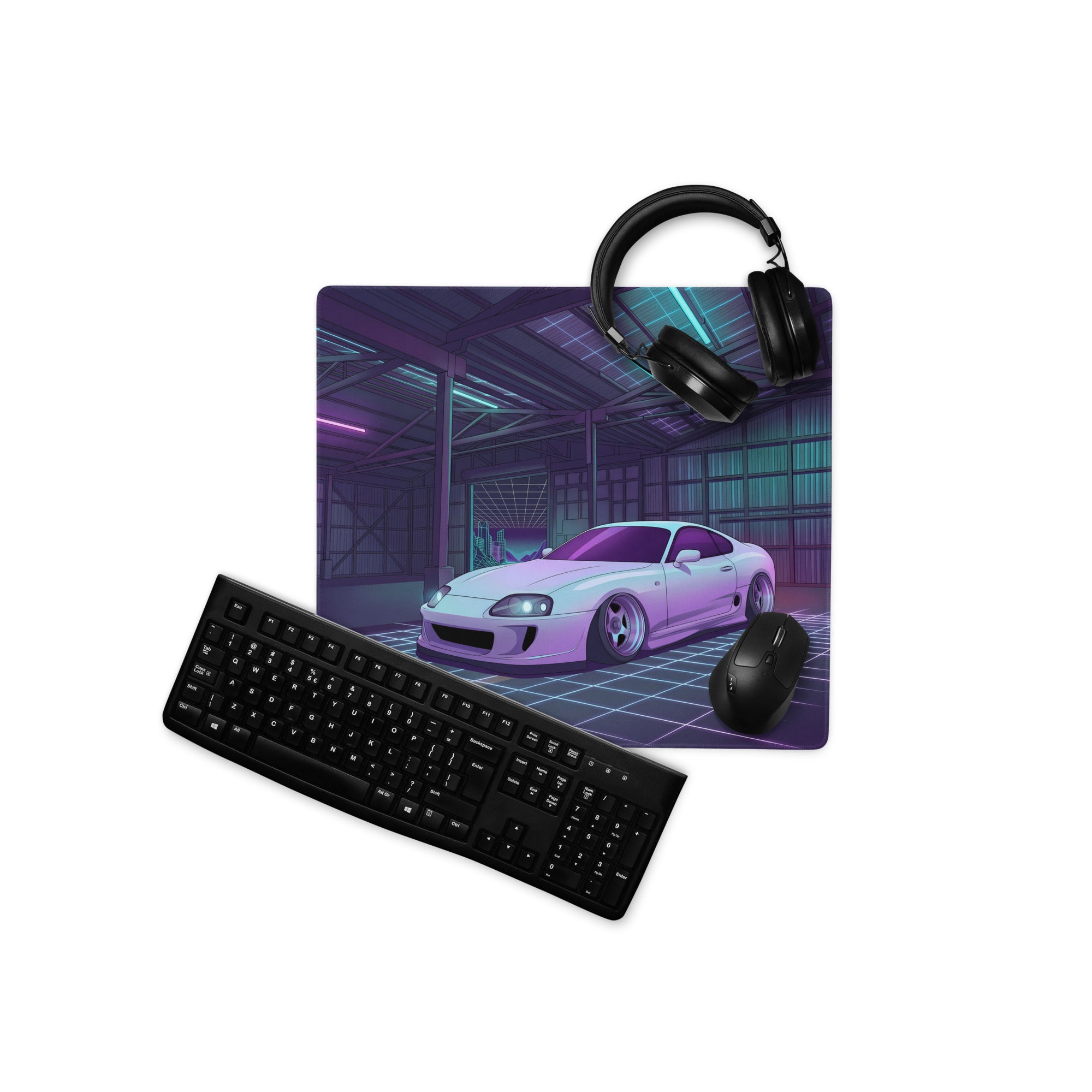 Toyota Supra MK4 Inspired White Purple Vaporwave Gaming Mouse Pad, Neon Retro Futuristic JDM Garage Desk Mat with Synthwave Sports Car Art