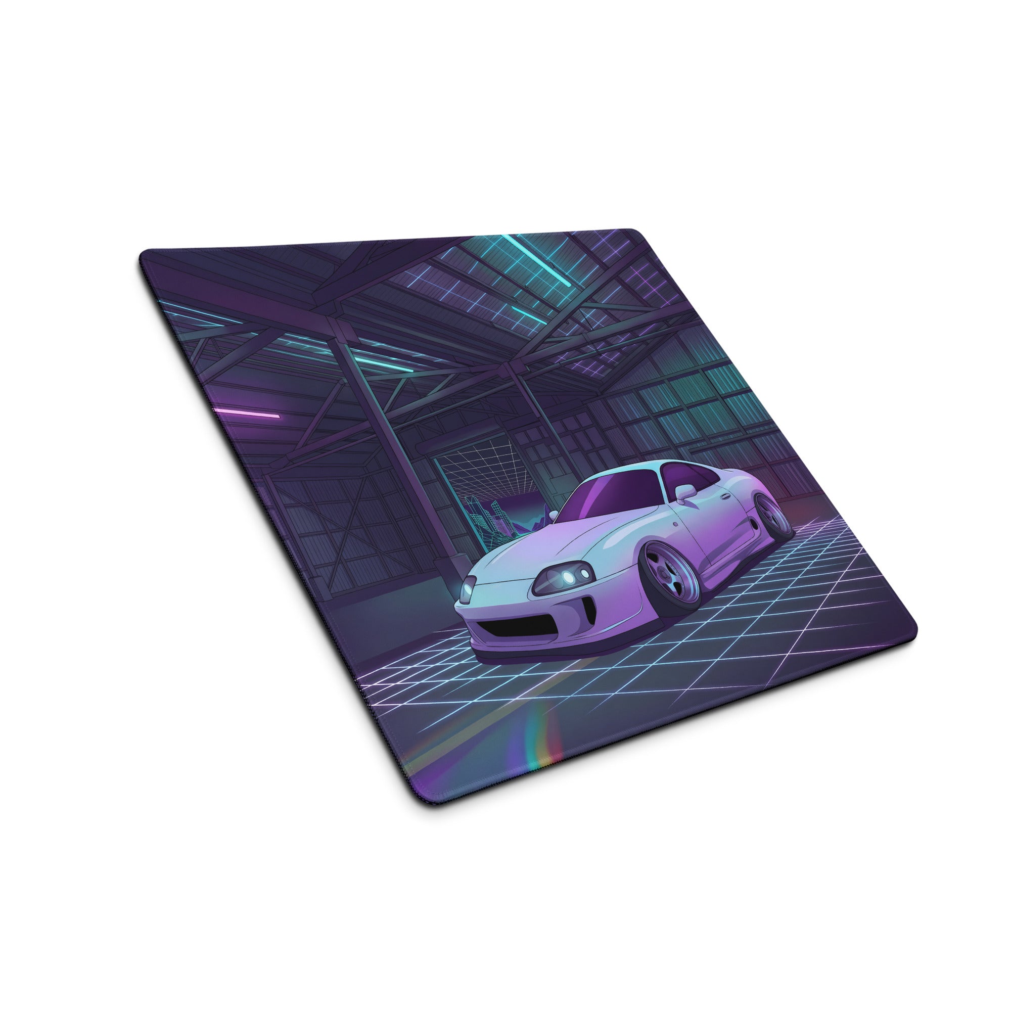 Toyota Supra MK4 Inspired White Purple Vaporwave Gaming Mouse Pad, Neon Retro Futuristic JDM Garage Desk Mat with Synthwave Sports Car Art