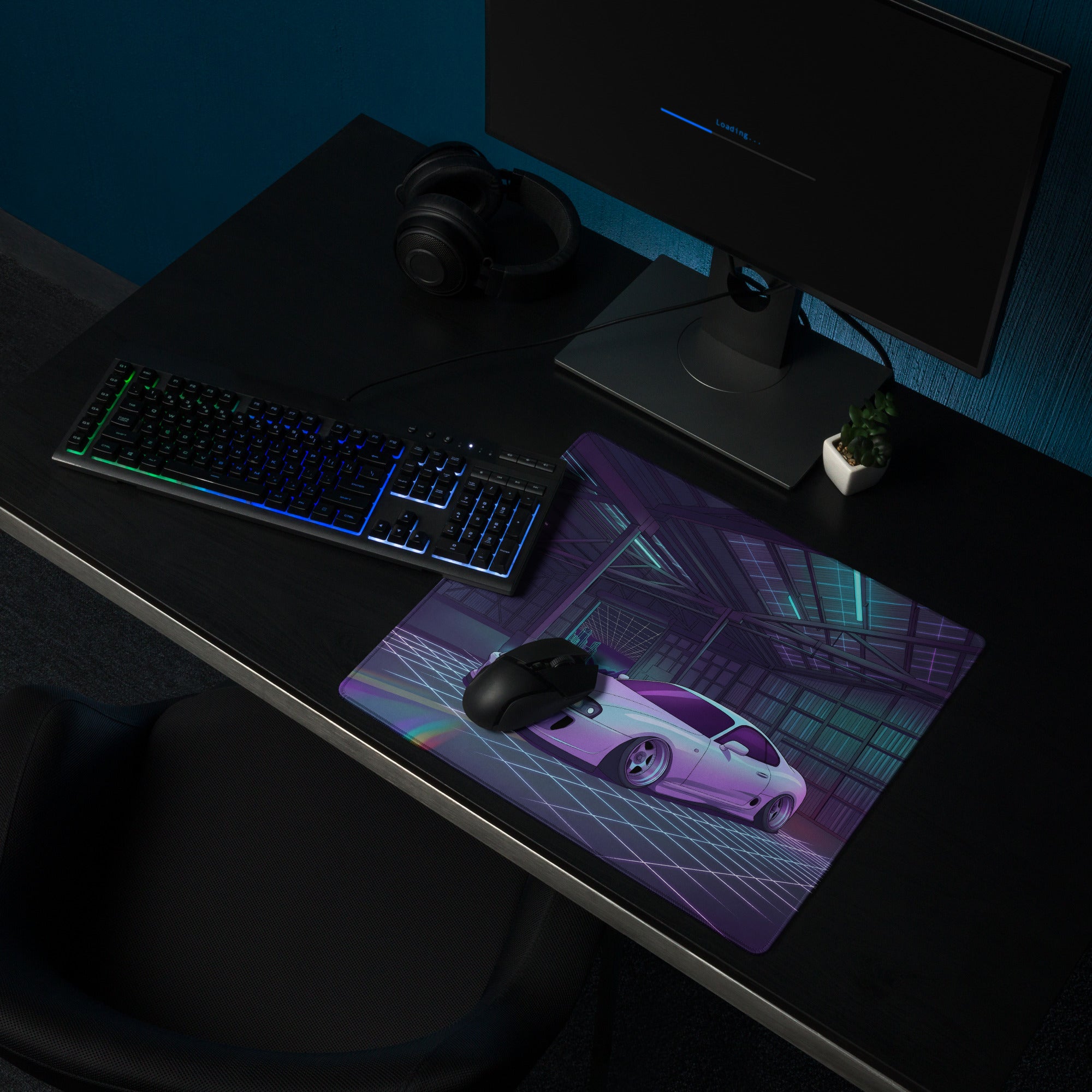 Toyota Supra MK4 Inspired White Purple Vaporwave Gaming Mouse Pad, Neon Retro Futuristic JDM Garage Desk Mat with Synthwave Sports Car Art
