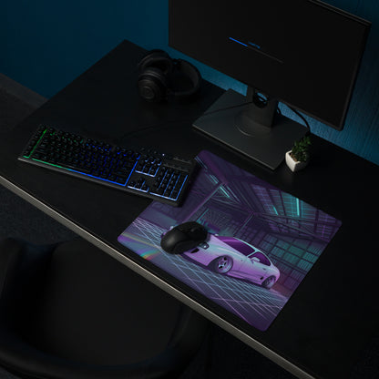 Toyota Supra MK4 Inspired White Purple Vaporwave Gaming Mouse Pad, Neon Retro Futuristic JDM Garage Desk Mat with Synthwave Sports Car Art