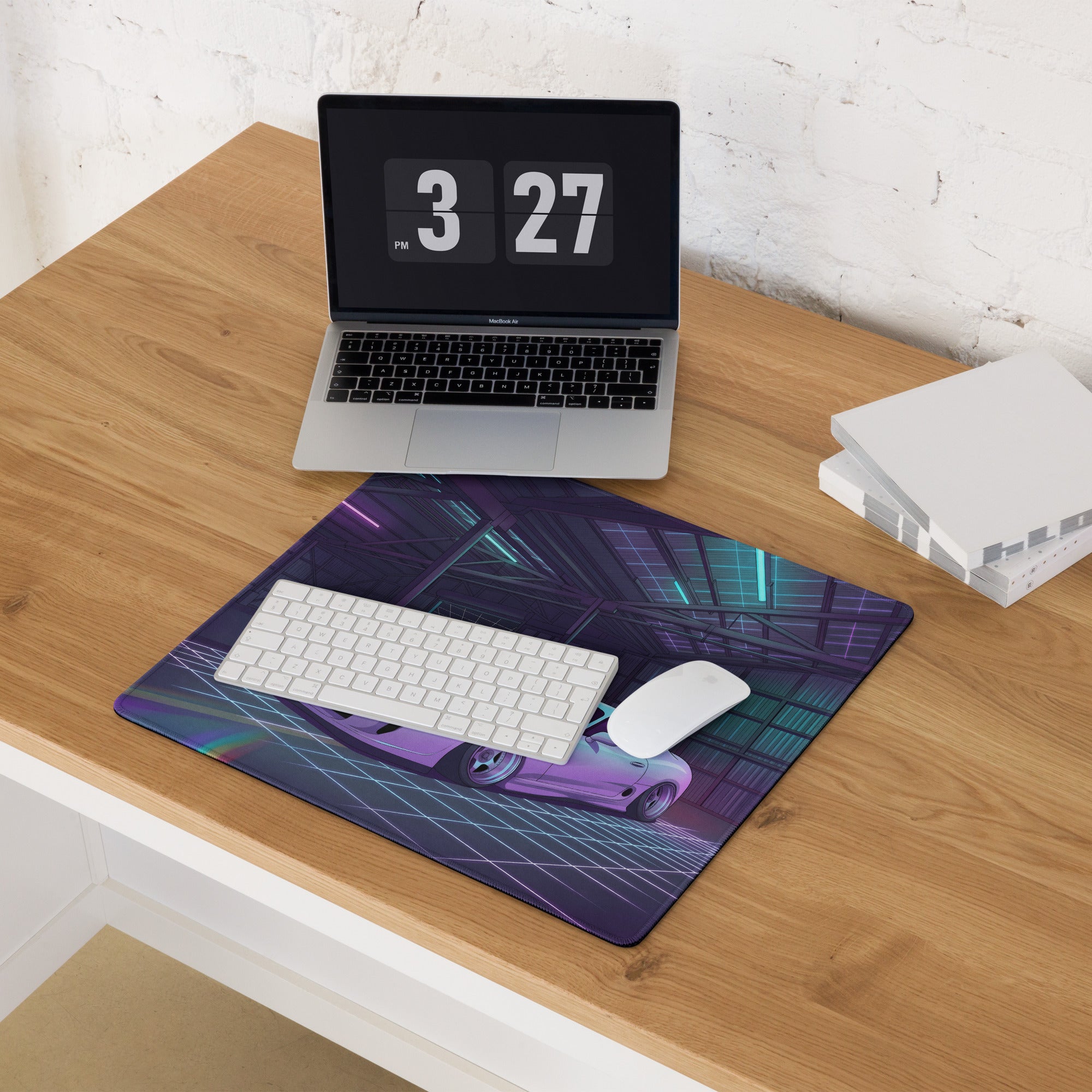 Toyota Supra MK4 Inspired White Purple Vaporwave Gaming Mouse Pad, Neon Retro Futuristic JDM Garage Desk Mat with Synthwave Sports Car Art