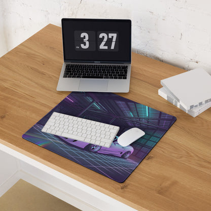Toyota Supra MK4 Inspired White Purple Vaporwave Gaming Mouse Pad, Neon Retro Futuristic JDM Garage Desk Mat with Synthwave Sports Car Art