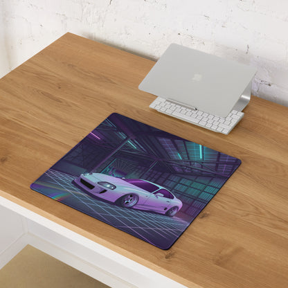Toyota Supra MK4 Inspired White Purple Vaporwave Gaming Mouse Pad, Neon Retro Futuristic JDM Garage Desk Mat with Synthwave Sports Car Art