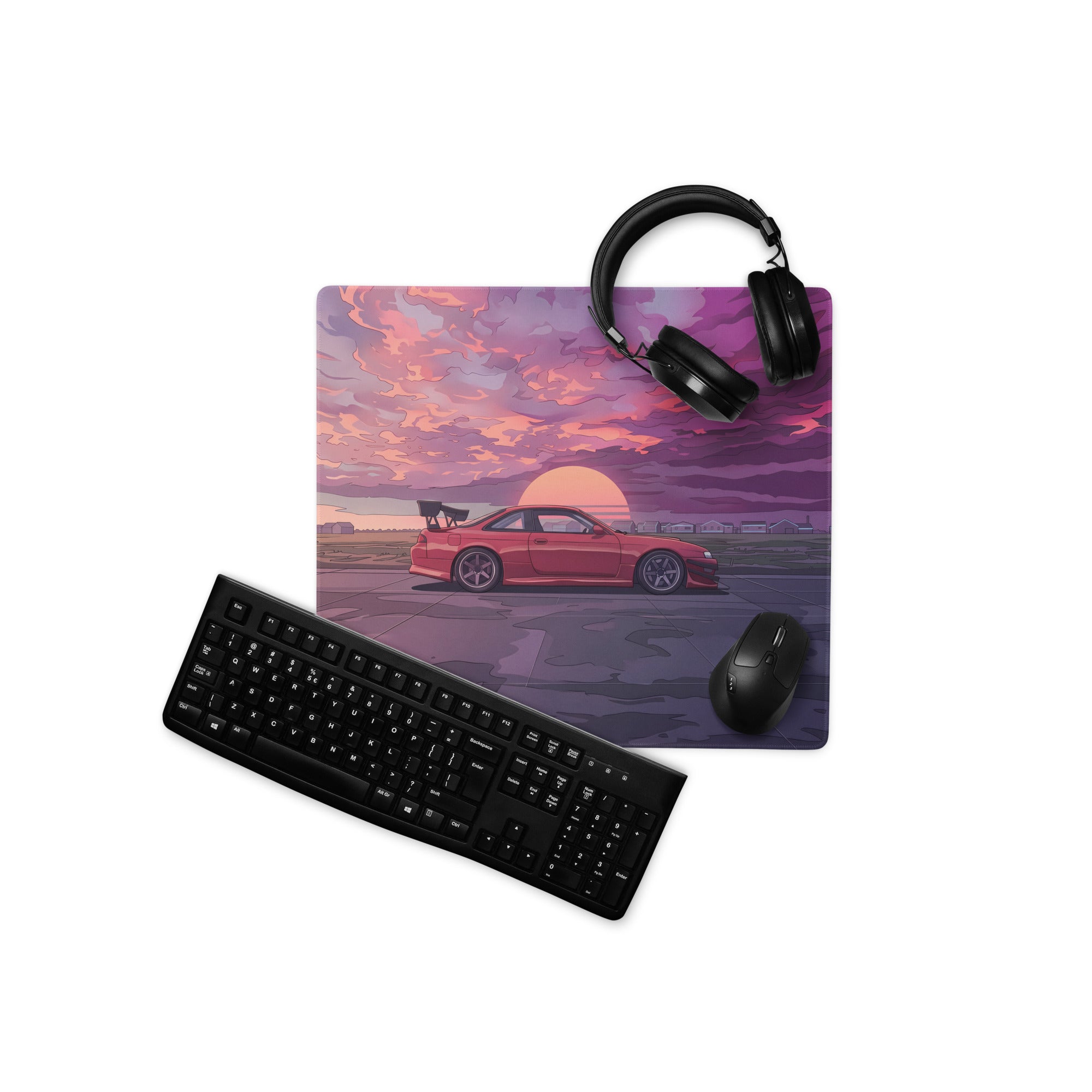Nissan Silvia S14 Inspired Red Purple Vaporwave Gaming Mouse Pad, Retro Futuristic JDM Sunset Desk Mat with Moody Drift Car Artwork