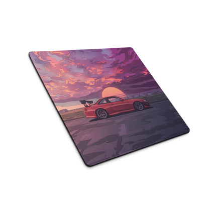 Nissan Silvia S14 Inspired Red Purple Vaporwave Gaming Mouse Pad, Retro Futuristic JDM Sunset Desk Mat with Moody Drift Car Artwork