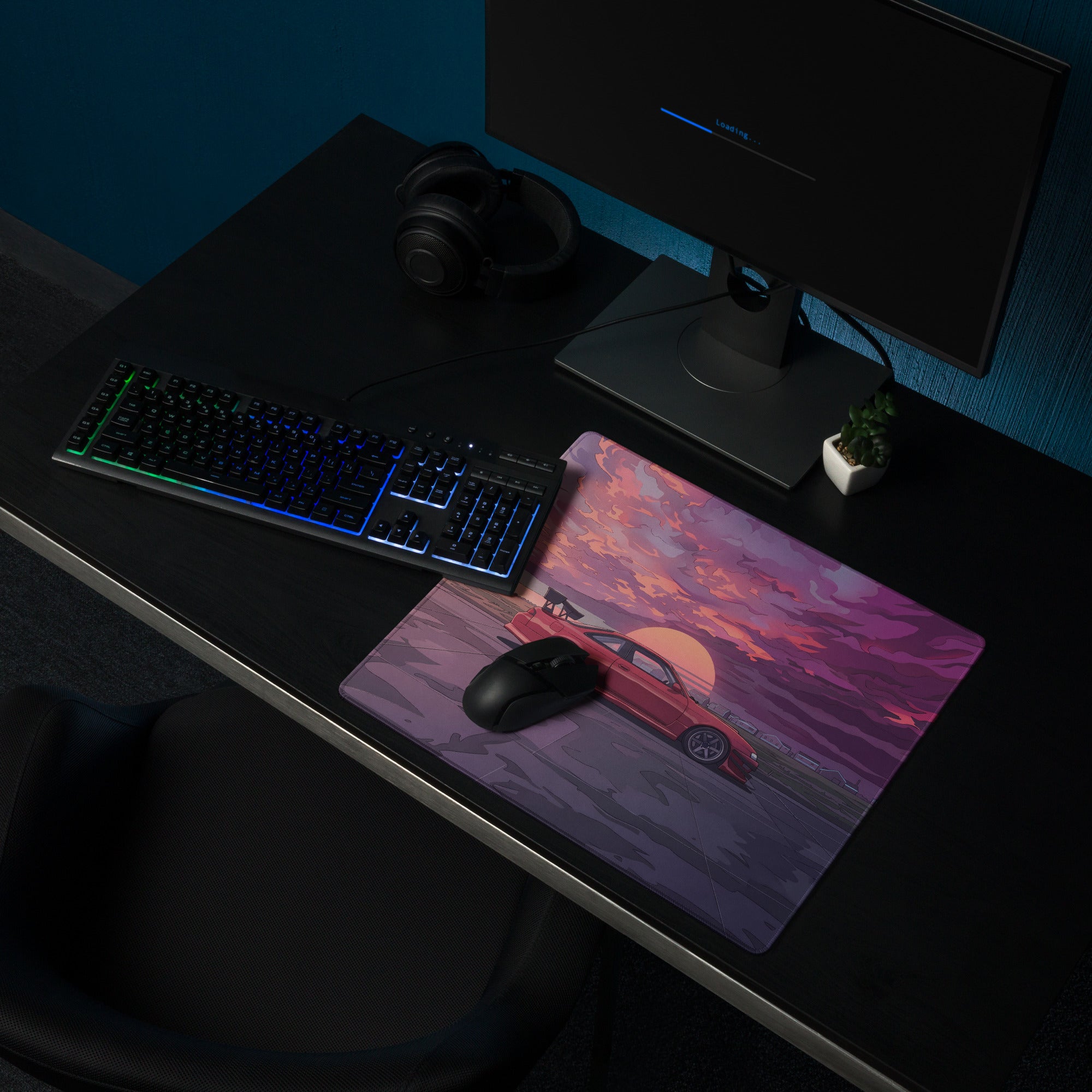 Nissan Silvia S14 Inspired Red Purple Vaporwave Gaming Mouse Pad, Retro Futuristic JDM Sunset Desk Mat with Moody Drift Car Artwork