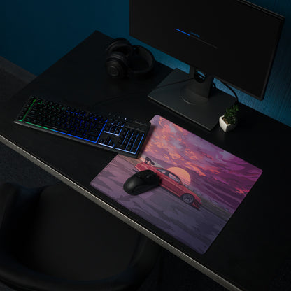 Nissan Silvia S14 Inspired Red Purple Vaporwave Gaming Mouse Pad, Retro Futuristic JDM Sunset Desk Mat with Moody Drift Car Artwork