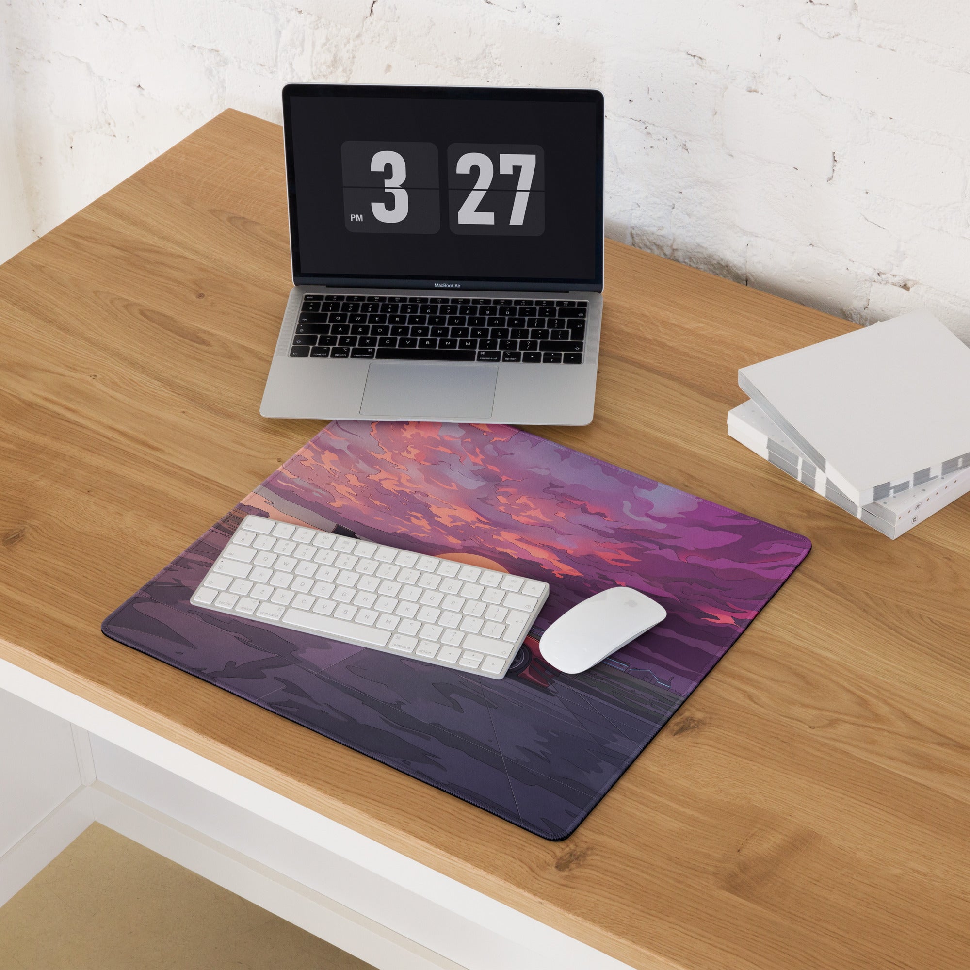 Nissan Silvia S14 Inspired Red Purple Vaporwave Gaming Mouse Pad, Retro Futuristic JDM Sunset Desk Mat with Moody Drift Car Artwork