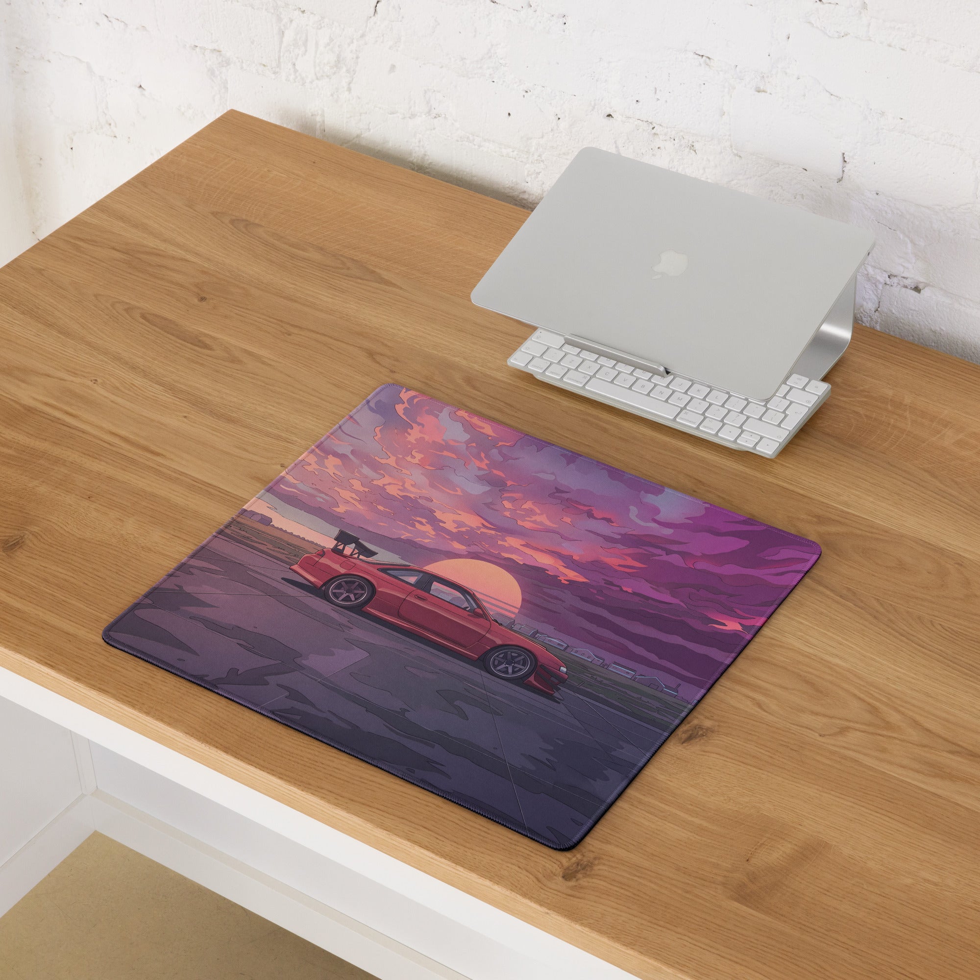 Nissan Silvia S14 Inspired Red Purple Vaporwave Gaming Mouse Pad, Retro Futuristic JDM Sunset Desk Mat with Moody Drift Car Artwork