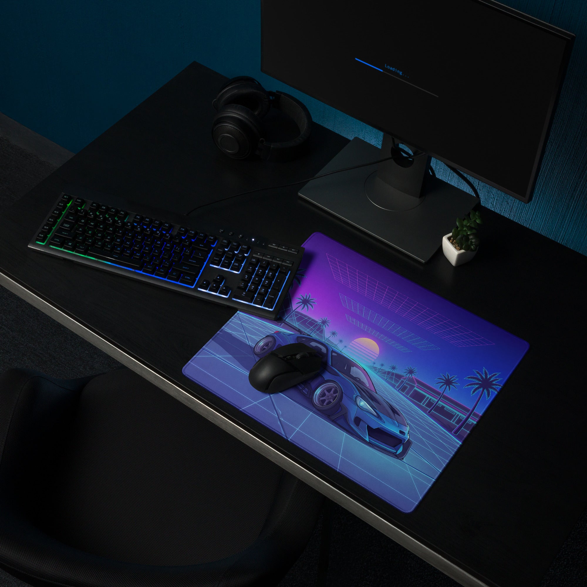 Toyota GR86 Inspired Blue Purple Vaporwave Gaming Mouse Pad, Neon Retro Futuristic JDM Desk Mat with Synthwave Palm Tree Sports Car Art