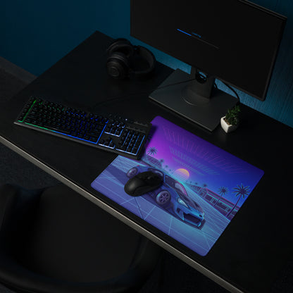 Toyota GR86 Inspired Blue Purple Vaporwave Gaming Mouse Pad, Neon Retro Futuristic JDM Desk Mat with Synthwave Palm Tree Sports Car Art