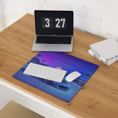 Toyota GR86 Inspired Blue Purple Vaporwave Gaming Mouse Pad, Neon Retro Futuristic JDM Desk Mat with Synthwave Palm Tree Sports Car Art