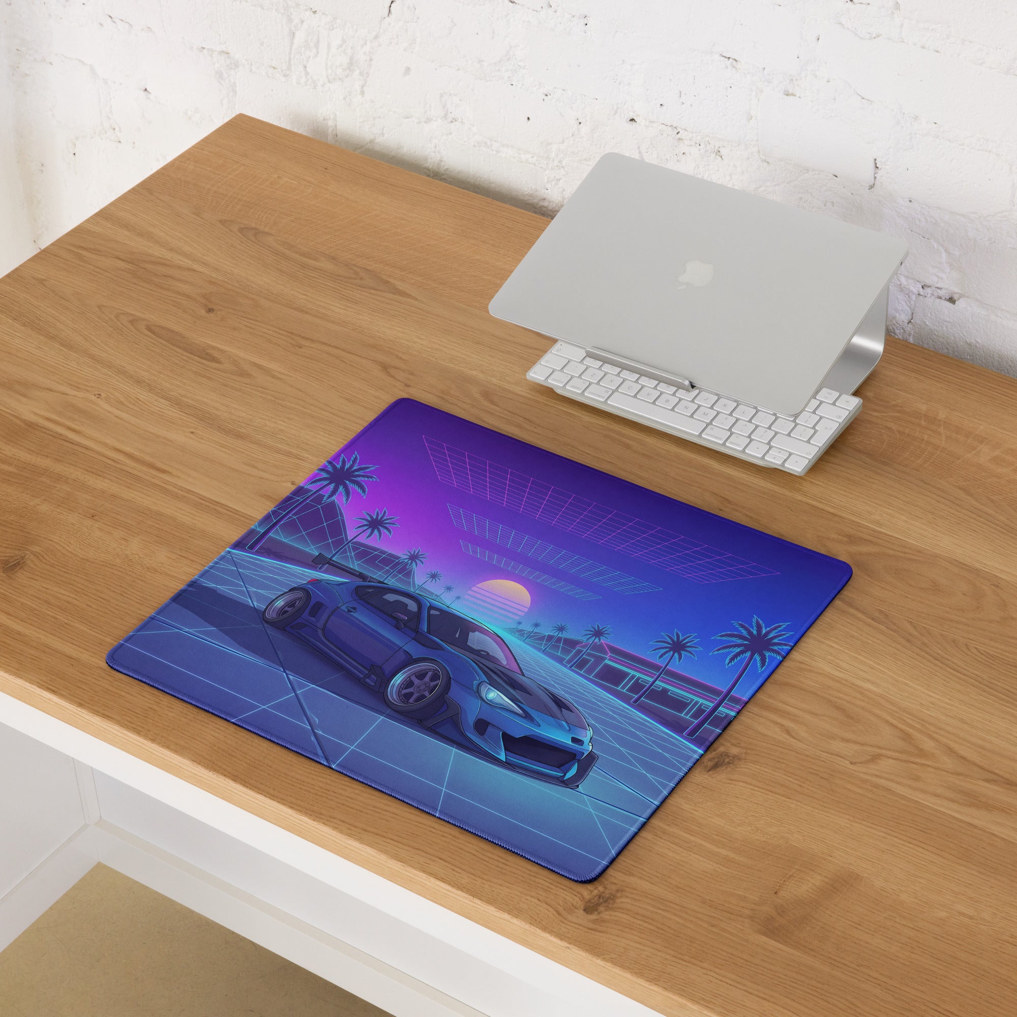 Toyota GR86 Inspired Blue Purple Vaporwave Gaming Mouse Pad, Neon Retro Futuristic JDM Desk Mat with Synthwave Palm Tree Sports Car Art