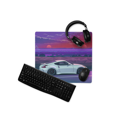 Nissan 370Z Z34 Inspired White Purple Vaporwave Gaming Mouse Pad, Neon Retro Futuristic JDM Desk Mat with Synthwave Sunset Sports Car Art