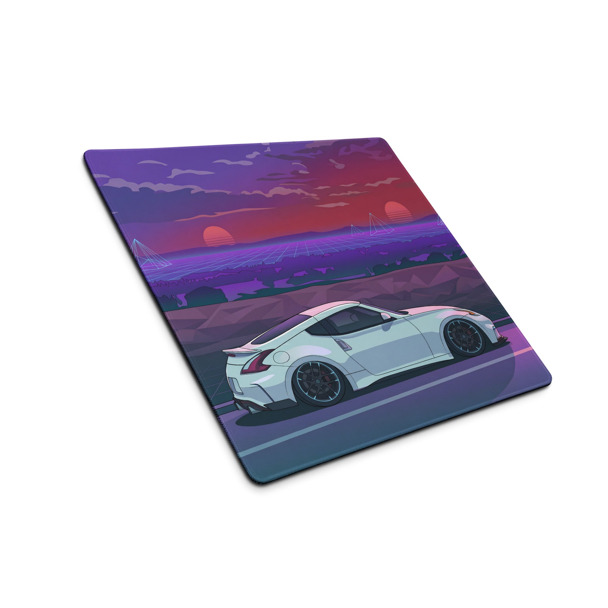 Nissan 370Z Z34 Inspired White Purple Vaporwave Gaming Mouse Pad, Neon Retro Futuristic JDM Desk Mat with Synthwave Sunset Sports Car Art