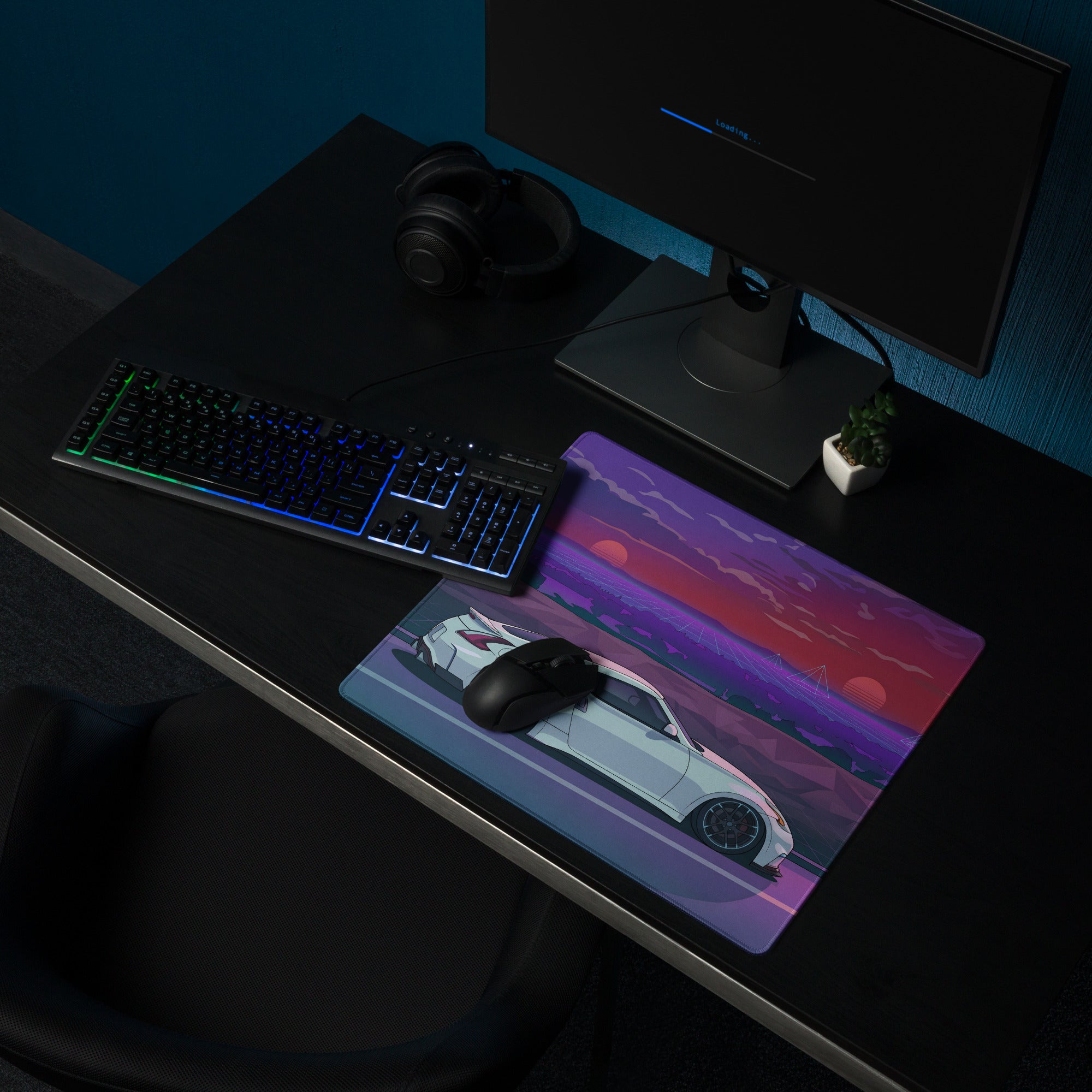 Nissan 370Z Z34 Inspired White Purple Vaporwave Gaming Mouse Pad, Neon Retro Futuristic JDM Desk Mat with Synthwave Sunset Sports Car Art