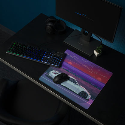 Nissan 370Z Z34 Inspired White Purple Vaporwave Gaming Mouse Pad, Neon Retro Futuristic JDM Desk Mat with Synthwave Sunset Sports Car Art
