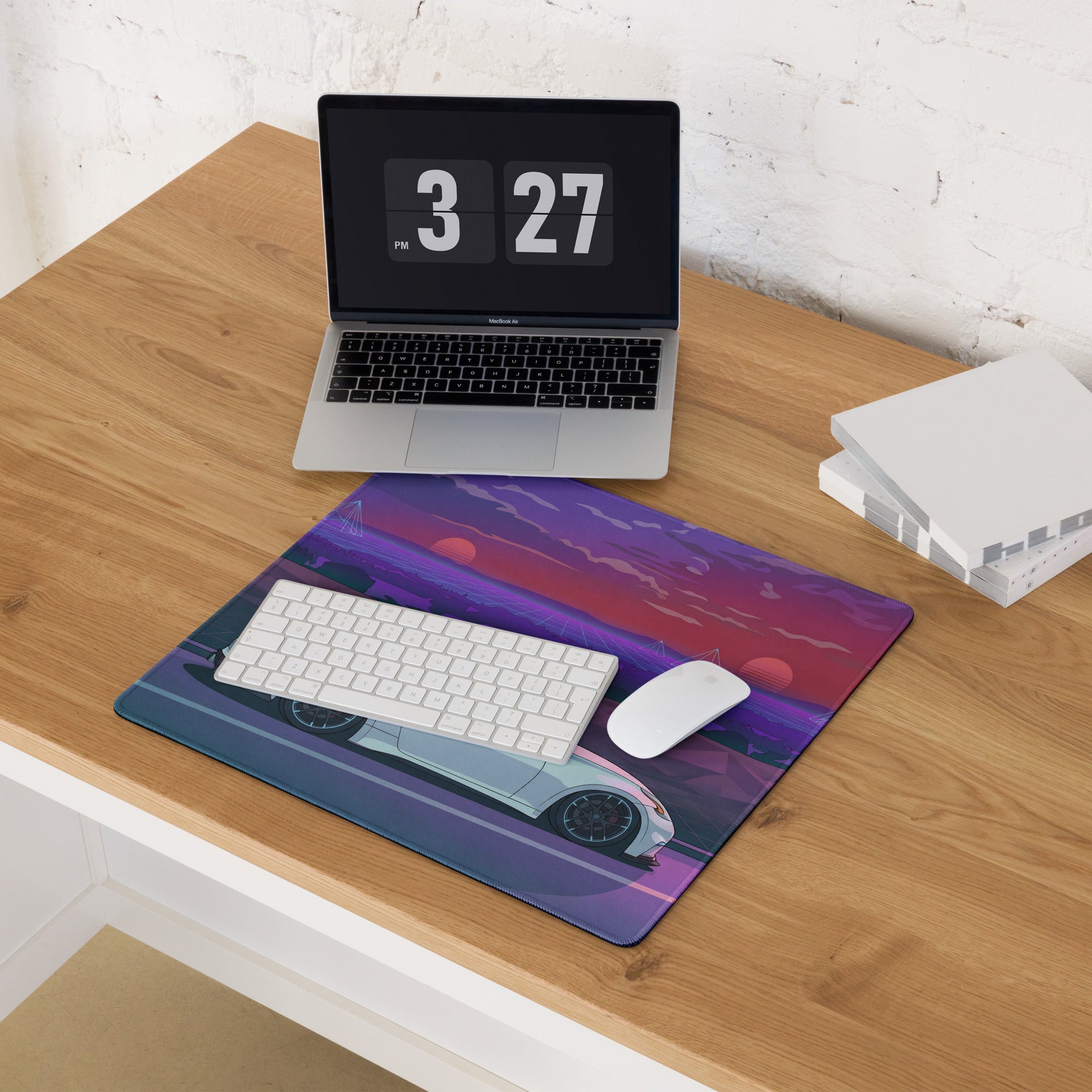 Nissan 370Z Z34 Inspired White Purple Vaporwave Gaming Mouse Pad, Neon Retro Futuristic JDM Desk Mat with Synthwave Sunset Sports Car Art