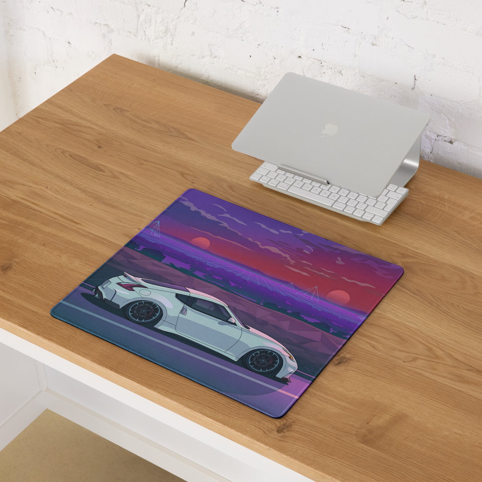 Nissan 370Z Z34 Inspired White Purple Vaporwave Gaming Mouse Pad, Neon Retro Futuristic JDM Desk Mat with Synthwave Sunset Sports Car Art