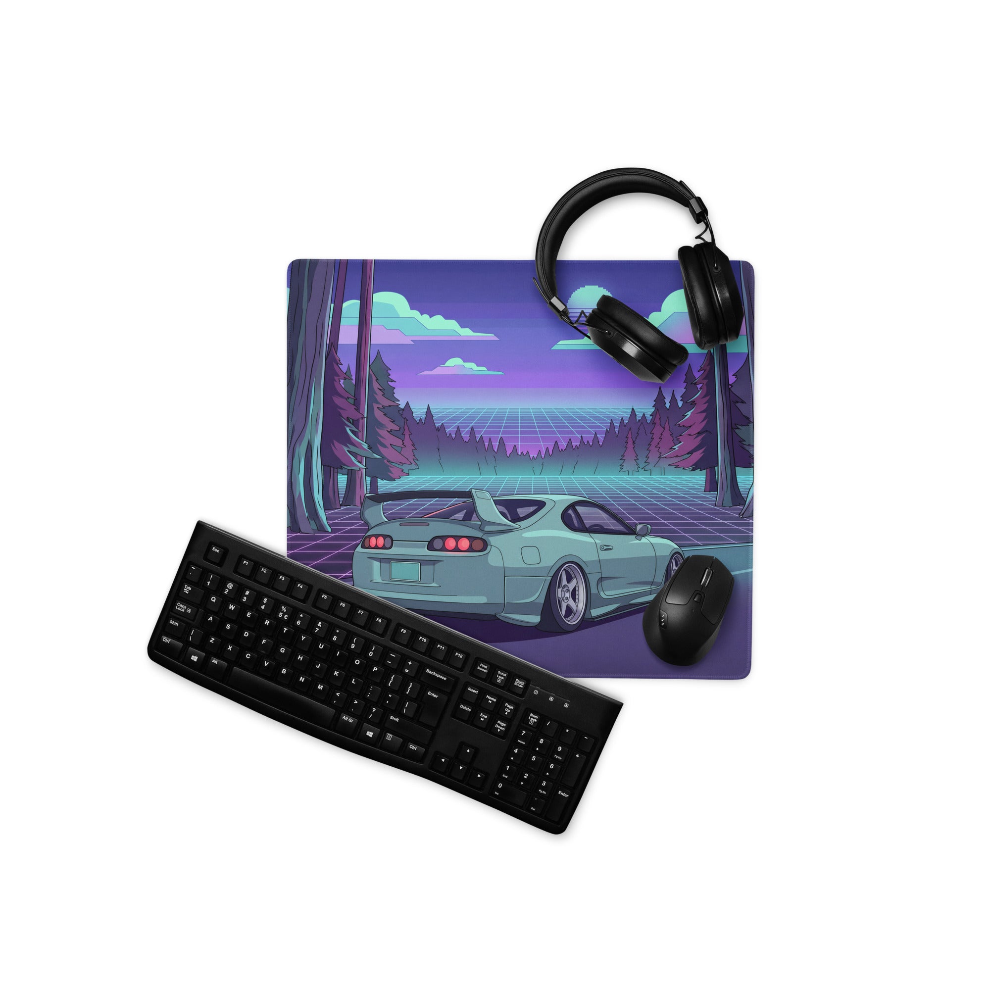 Toyota Supra MK4 Inspired Mint Green Purple Vaporwave Gaming Mouse Pad, Neon Retro Futuristic JDM Forest Road Desk Mat with Synthwave Sports Car Art