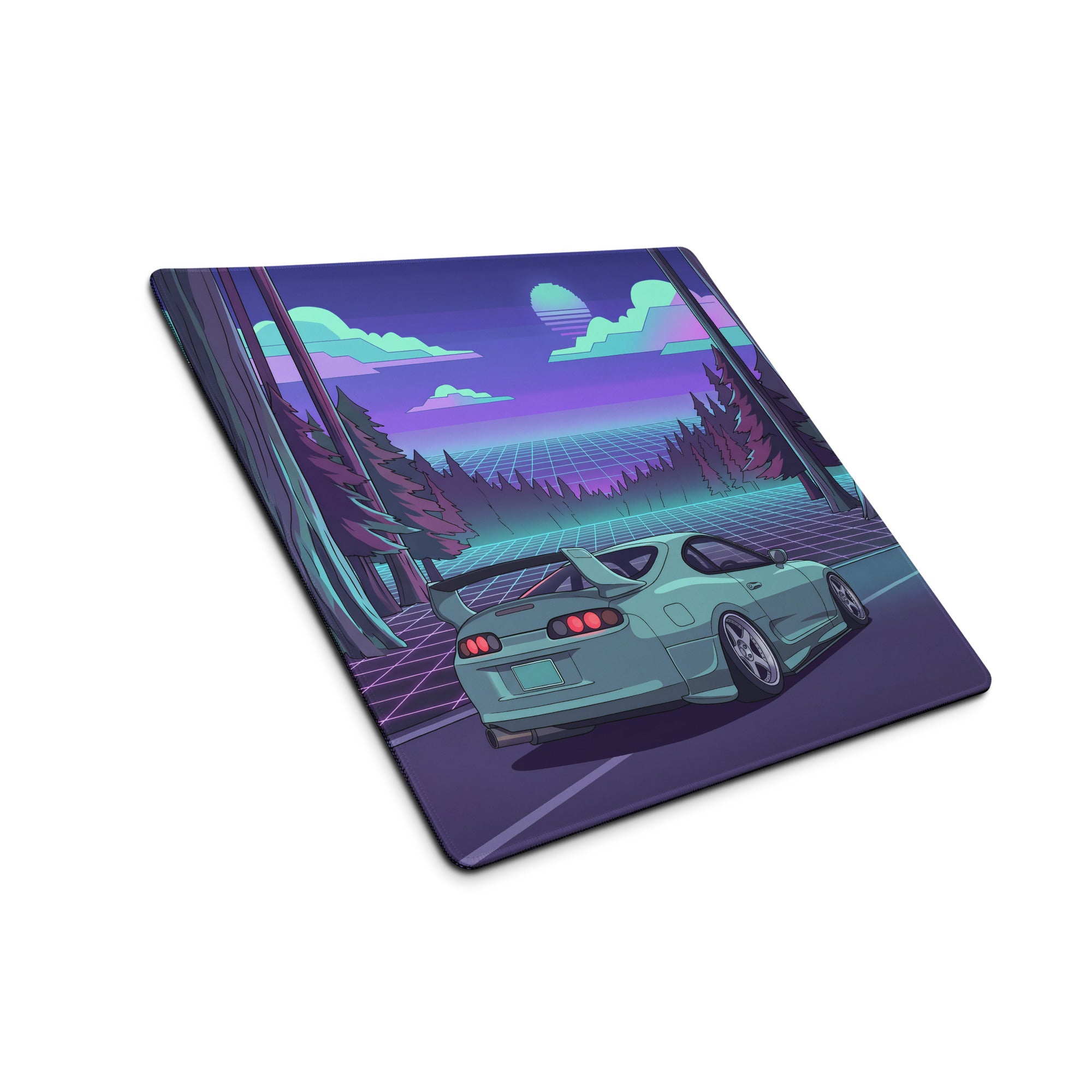 Toyota Supra MK4 Inspired Mint Green Purple Vaporwave Gaming Mouse Pad, Neon Retro Futuristic JDM Forest Road Desk Mat with Synthwave Sports Car Art