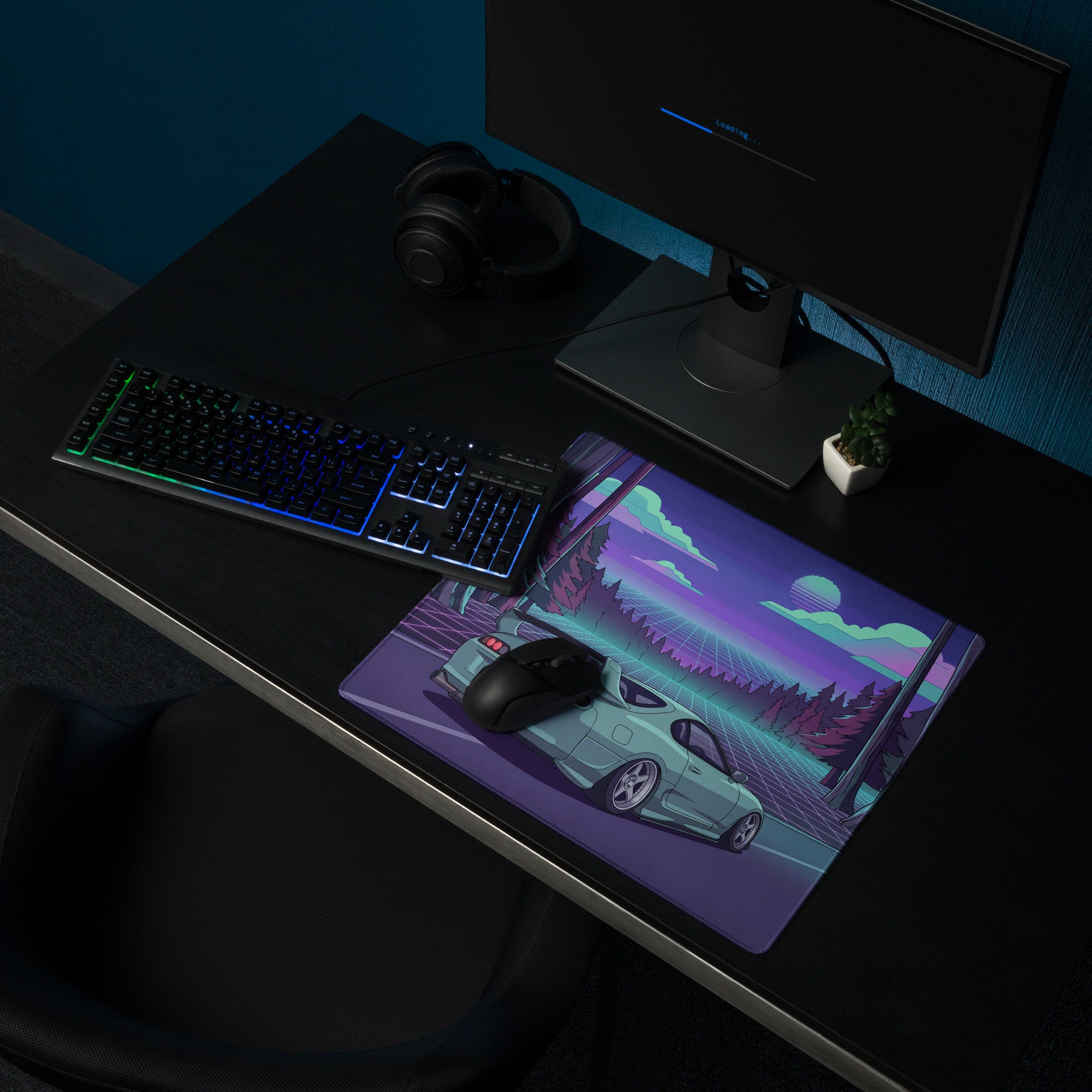 Toyota Supra MK4 Inspired Mint Green Purple Vaporwave Gaming Mouse Pad, Neon Retro Futuristic JDM Forest Road Desk Mat with Synthwave Sports Car Art
