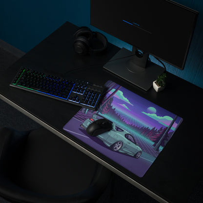 Toyota Supra MK4 Inspired Mint Green Purple Vaporwave Gaming Mouse Pad, Neon Retro Futuristic JDM Forest Road Desk Mat with Synthwave Sports Car Art