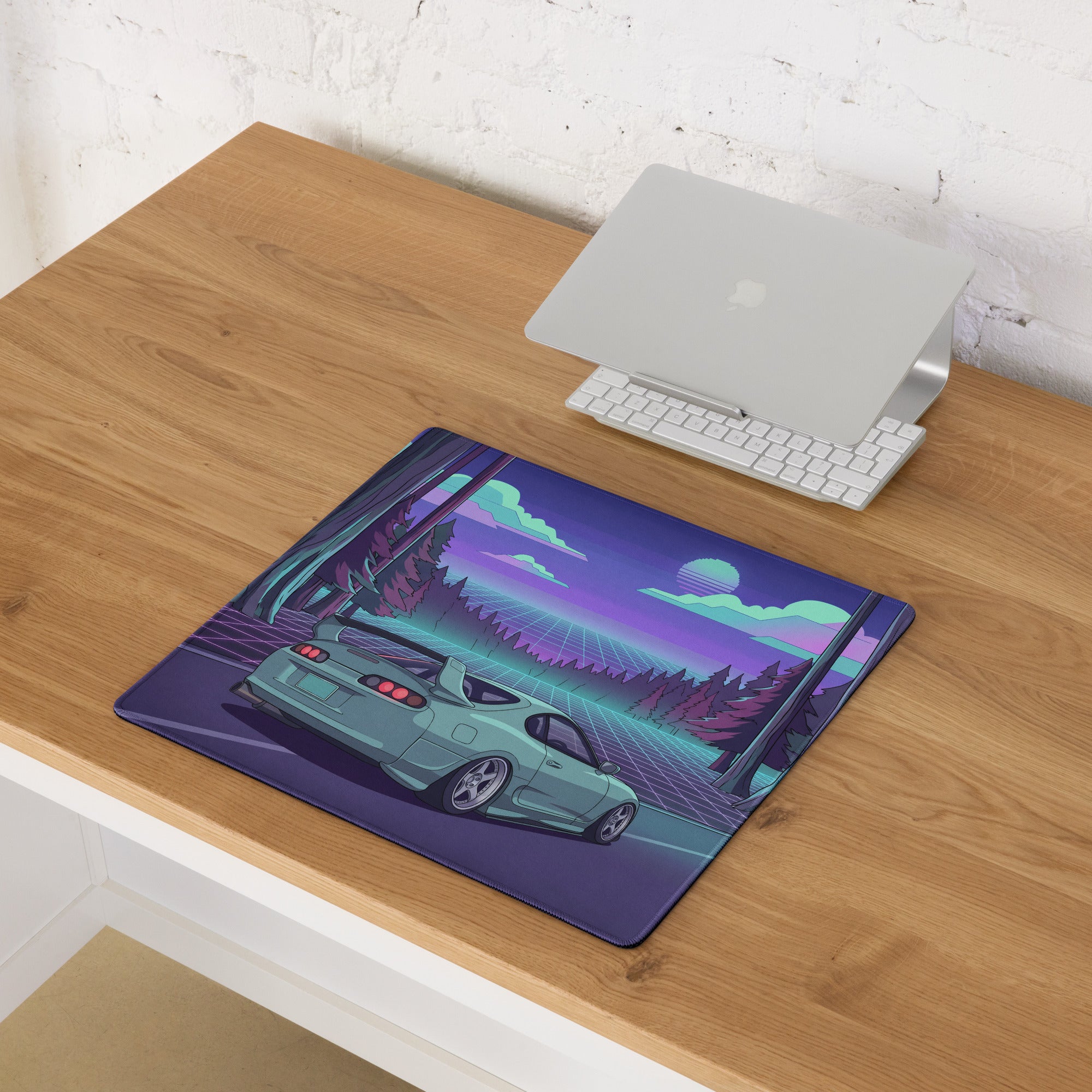 Toyota Supra MK4 Inspired Mint Green Purple Vaporwave Gaming Mouse Pad, Neon Retro Futuristic JDM Forest Road Desk Mat with Synthwave Sports Car Art