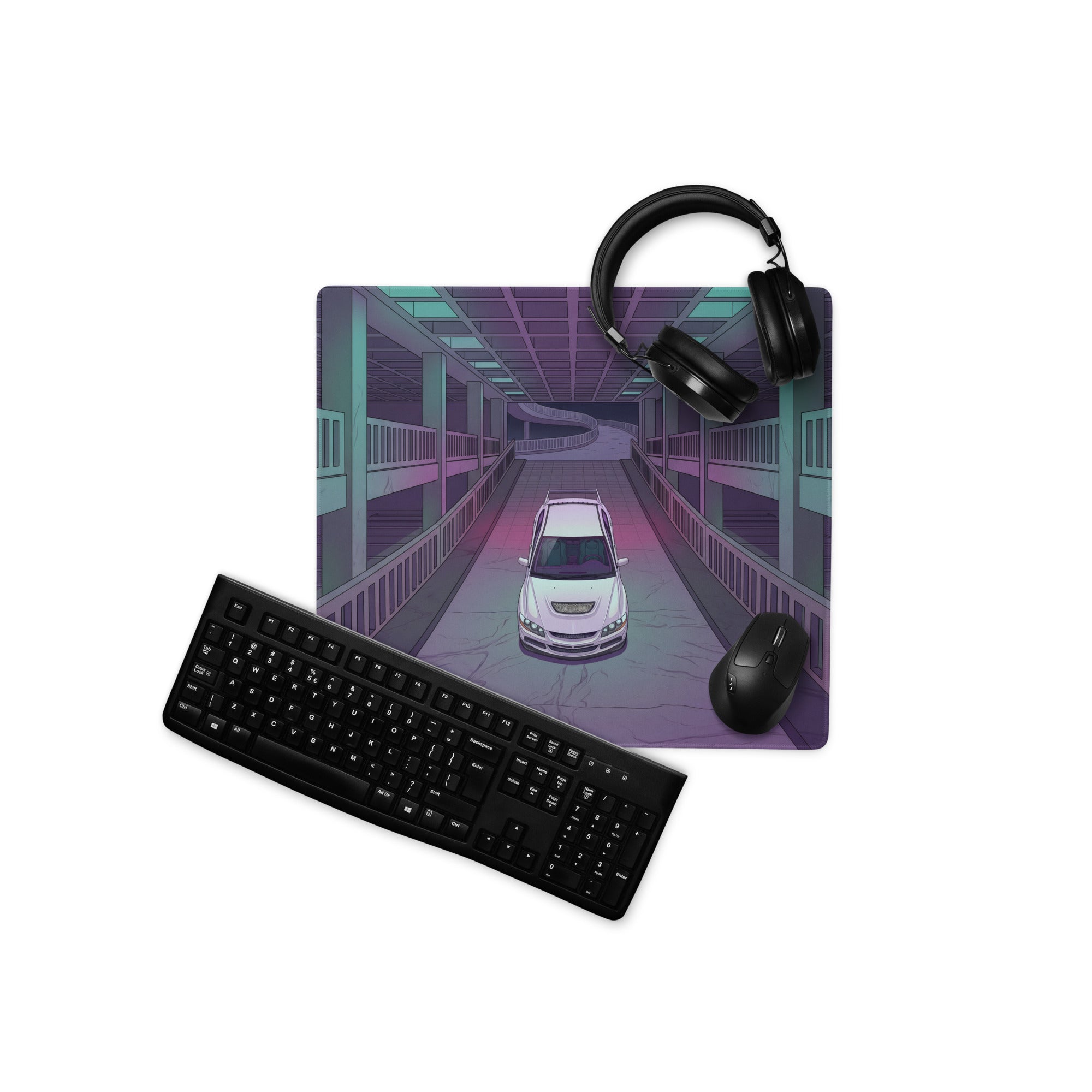 Mitsubishi Lancer Evolution IX Inspired White Purple Vaporwave Gaming Mouse Pad, Neon Futuristic JDM Parking Garage Rally Car Art