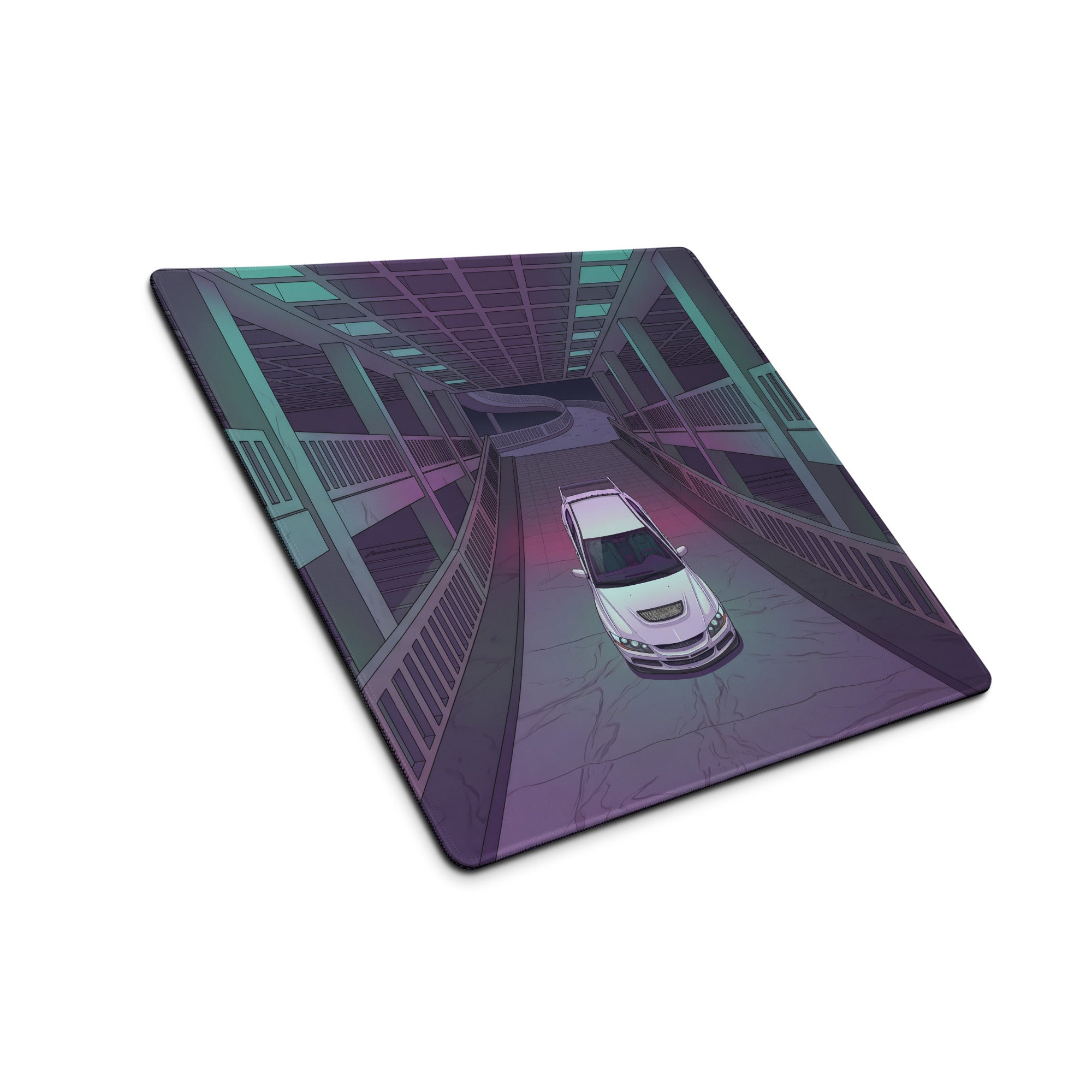 Mitsubishi Lancer Evolution IX Inspired White Purple Vaporwave Gaming Mouse Pad, Neon Futuristic JDM Parking Garage Rally Car Art