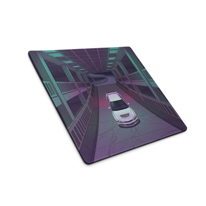 Mitsubishi Lancer Evolution IX Inspired White Purple Vaporwave Gaming Mouse Pad, Neon Futuristic JDM Parking Garage Rally Car Art