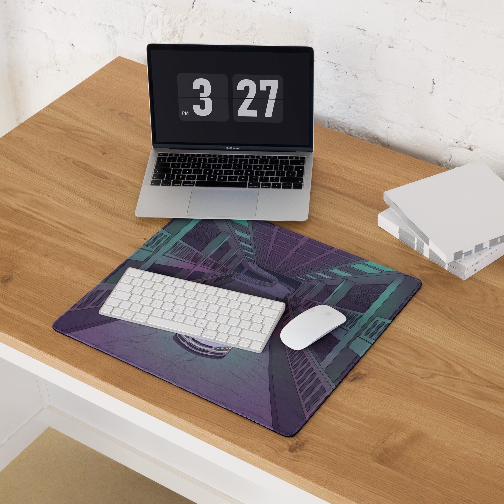 Mitsubishi Lancer Evolution IX Inspired White Purple Vaporwave Gaming Mouse Pad, Neon Futuristic JDM Parking Garage Rally Car Art