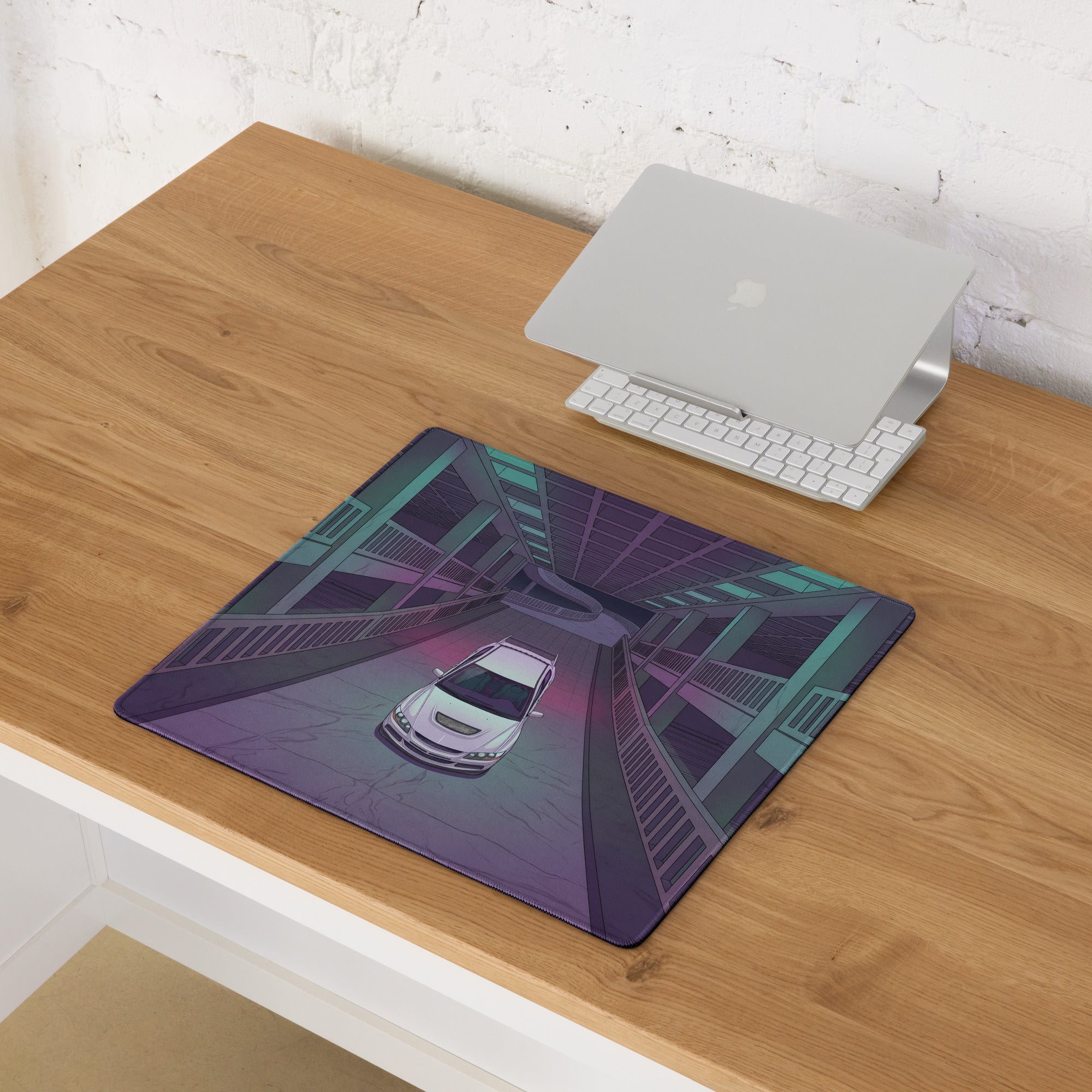 Mitsubishi Lancer Evolution IX Inspired White Purple Vaporwave Gaming Mouse Pad, Neon Futuristic JDM Parking Garage Rally Car Art