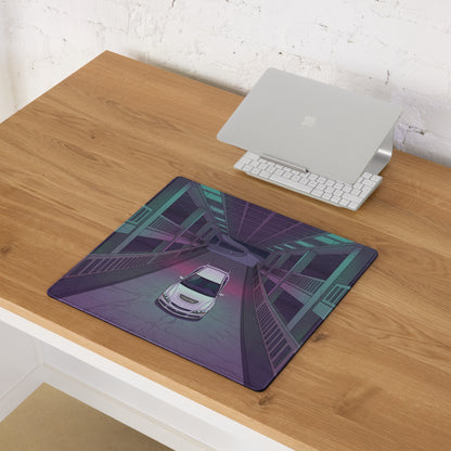 Mitsubishi Lancer Evolution IX Inspired White Purple Vaporwave Gaming Mouse Pad, Neon Futuristic JDM Parking Garage Rally Car Art