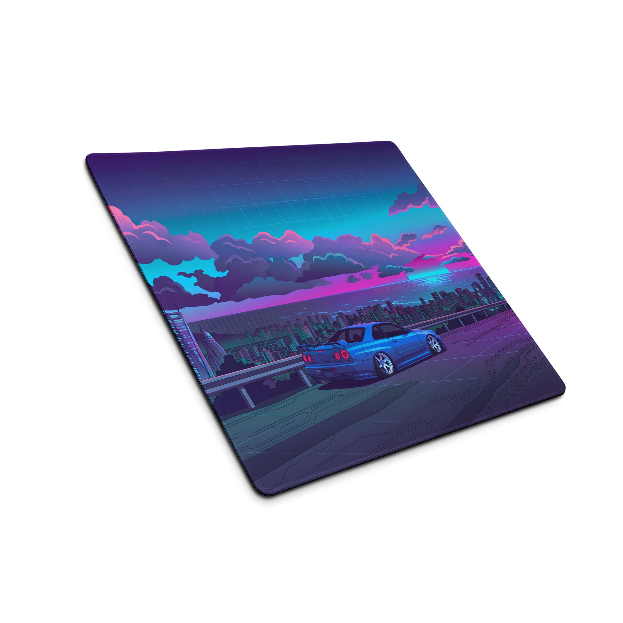Nissan Skyline GT-R R34 Inspired Blue Pink Vaporwave Gaming Mouse Pad, Neon Futuristic JDM Desk Mat with Cyberpunk Skyline Sports Car Art