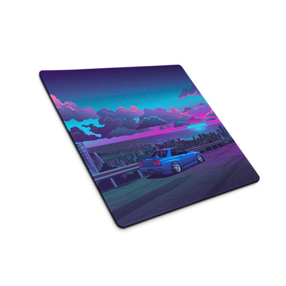Nissan Skyline GT-R R34 Inspired Blue Pink Vaporwave Gaming Mouse Pad, Neon Futuristic JDM Desk Mat with Cyberpunk Skyline Sports Car Art