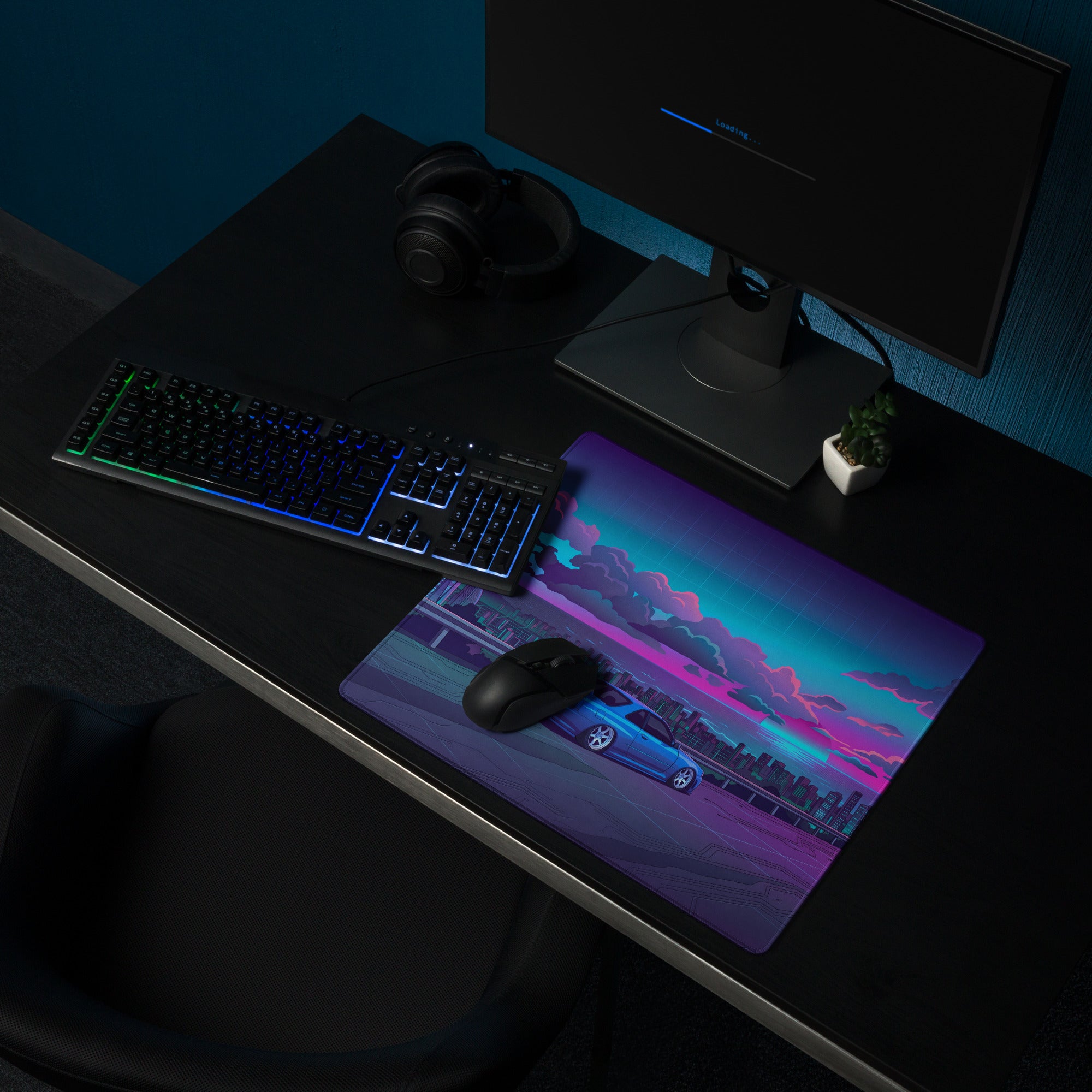 Nissan Skyline GT-R R34 Inspired Blue Pink Vaporwave Gaming Mouse Pad, Neon Futuristic JDM Desk Mat with Cyberpunk Skyline Sports Car Art