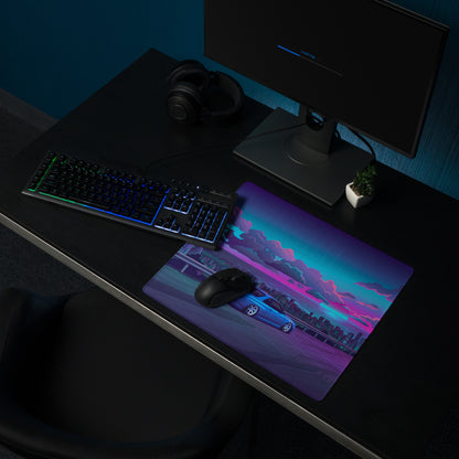Nissan Skyline GT-R R34 Inspired Blue Pink Vaporwave Gaming Mouse Pad, Neon Futuristic JDM Desk Mat with Cyberpunk Skyline Sports Car Art