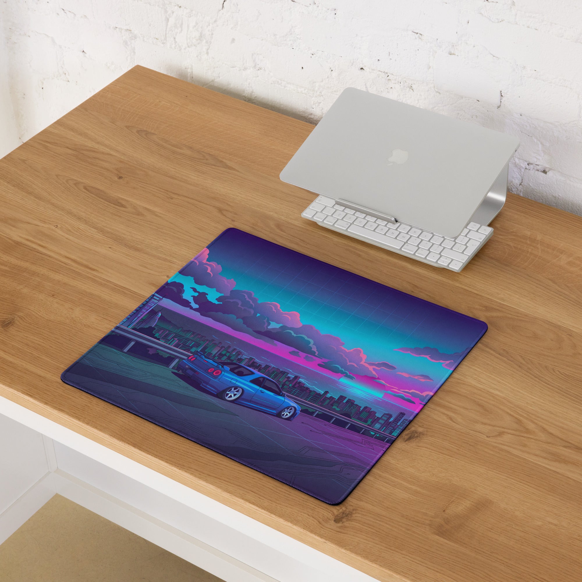 Nissan Skyline GT-R R34 Inspired Blue Pink Vaporwave Gaming Mouse Pad, Neon Futuristic JDM Desk Mat with Cyberpunk Skyline Sports Car Art